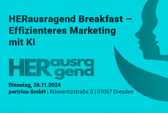 Eckdaten der Veranstaltung zum HERausragend Breakfast mit dem Thema „Effizienteres Marketing mit KI“, inklusive Logo von HERausragend