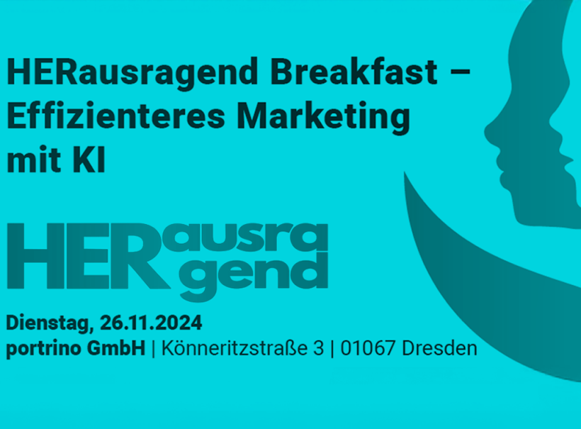 Eckdaten der Veranstaltung zum HERausragend Breakfast mit dem Thema „Effizienteres Marketing mit KI“, inklusive Logo von HERausragend